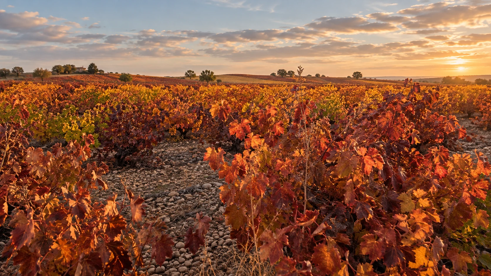 Viñedo en otoño con tonos rojizos y dorados al atardecer