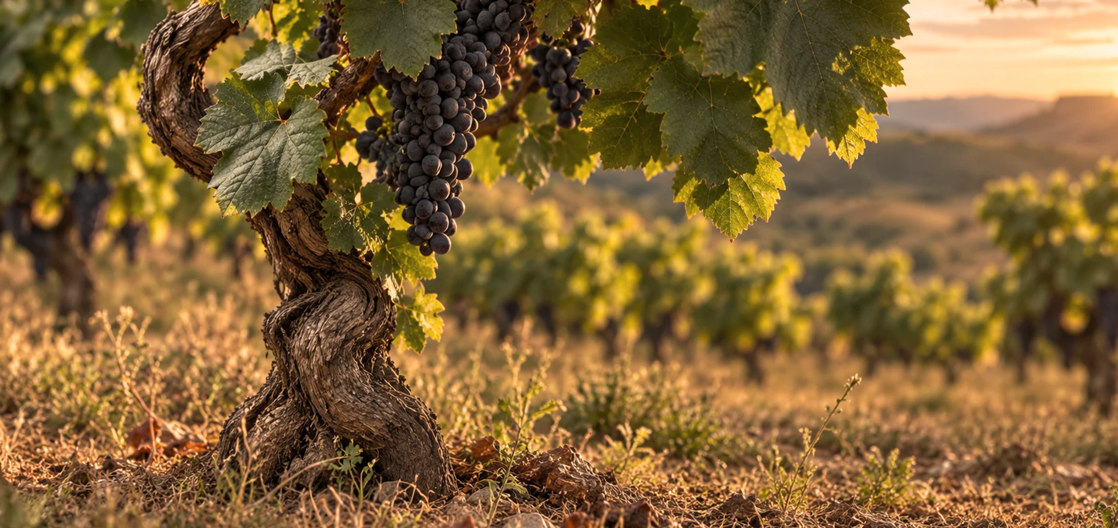 Cepa vieja de Ribera del Duero | Vinícola La Calera Cepa vieja de Tinto Fino con racimos de uva tinta en un viñedo de Ribera del Duero al atardecer.