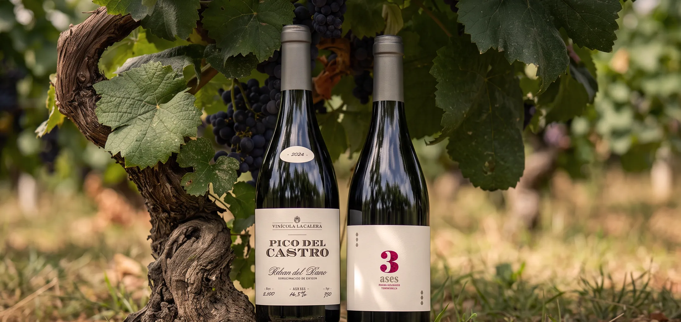 Pico del Castro y 3 Ases | Vinos de Vinícola La Calera Botellas de Pico del Castro y 3 Ases de Vinícola La Calera junto a una cepa vieja en un viñedo de Ribera del Duero.